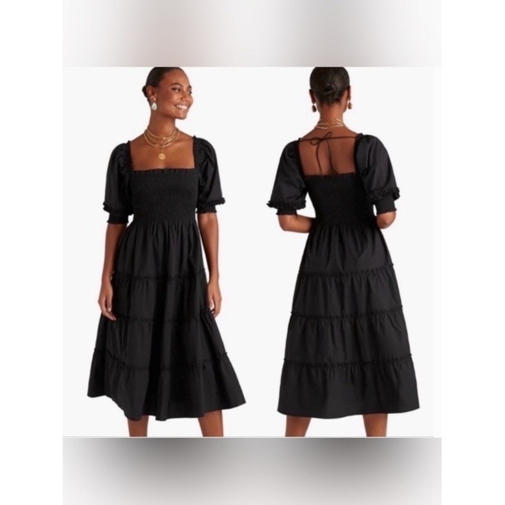Hill House Home The Nap Dress Black Smocked Tiered Puff Sleeve Midi Dress XS